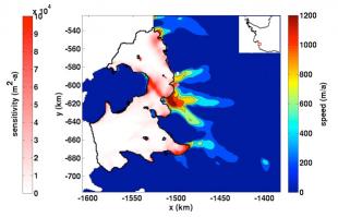 Smith Glacier: Model depicts speed (filled contours) of grounded ice streams, and influence (red shading) of ocean-induced melting of the floating ice shelves on changes in grounded volume, i.e. sea level contribution, for a decadal simulation. - Dr Daniel Goldberg